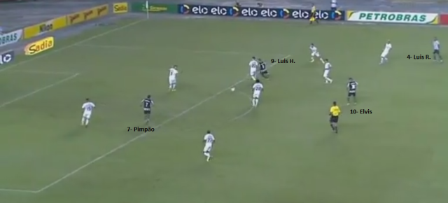 ...que passa de primeira e, no corta-luz do Luis Henrique, Pimpão finaliza para grande defesa do Alex Muralha. Boa jogada do Botafogo!